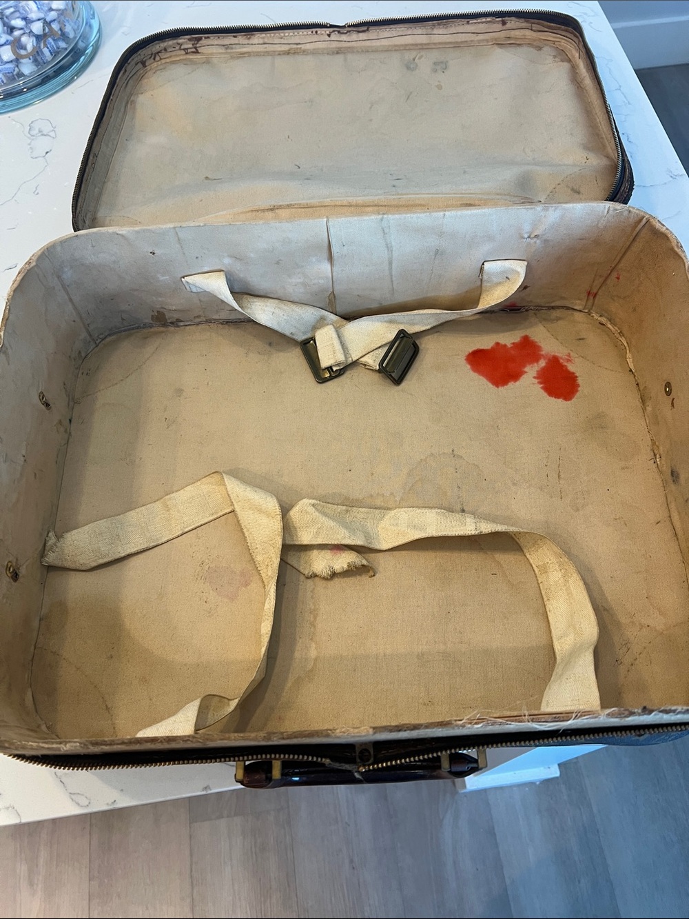 Vintage Beige Canvas Suitcase with Interior Straps and Orange Stain